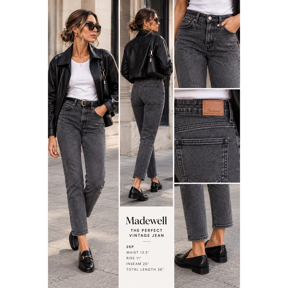 Madewell Perfect Vintage Jeans 26P Washed Black High Rise Straight Petite 90s